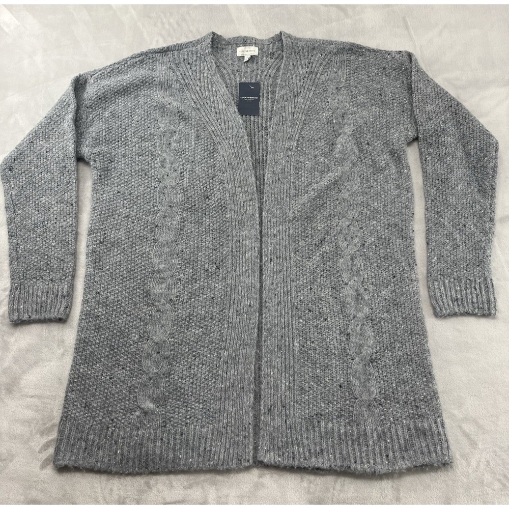 Lucky Brand Cardigan Women Large Gray Cable Knit Open Front Sweater Cozy NWT